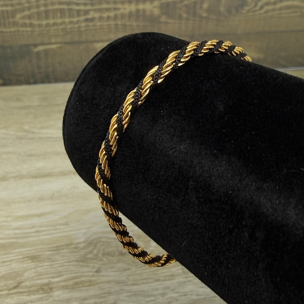 Vintage Trifari Gold Tone Black Rope Chain Twisted Bracelet 7.5 inch Classic